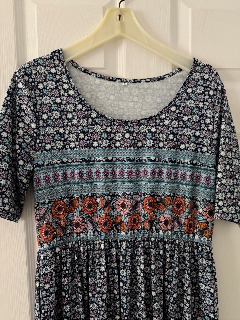 Women’s Floral Scoop Neck Musi Dress in Navy and Orange multi